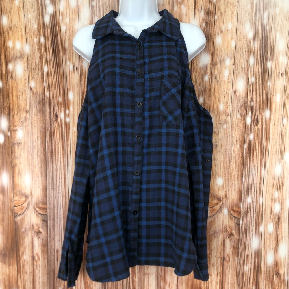 Afibi Blue Plaid Collared Button Up Long Sleeve Open Shoulder Top